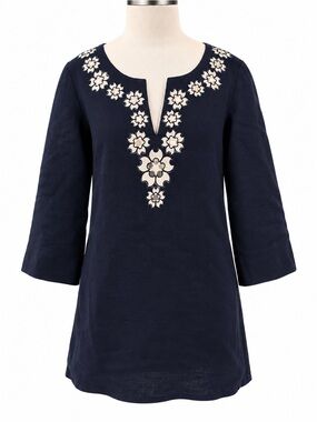 J Crew Womens Sz 4 Tunic Top Navy Blue Floral Trim 100% Linen 3/4 Sleeve Dress